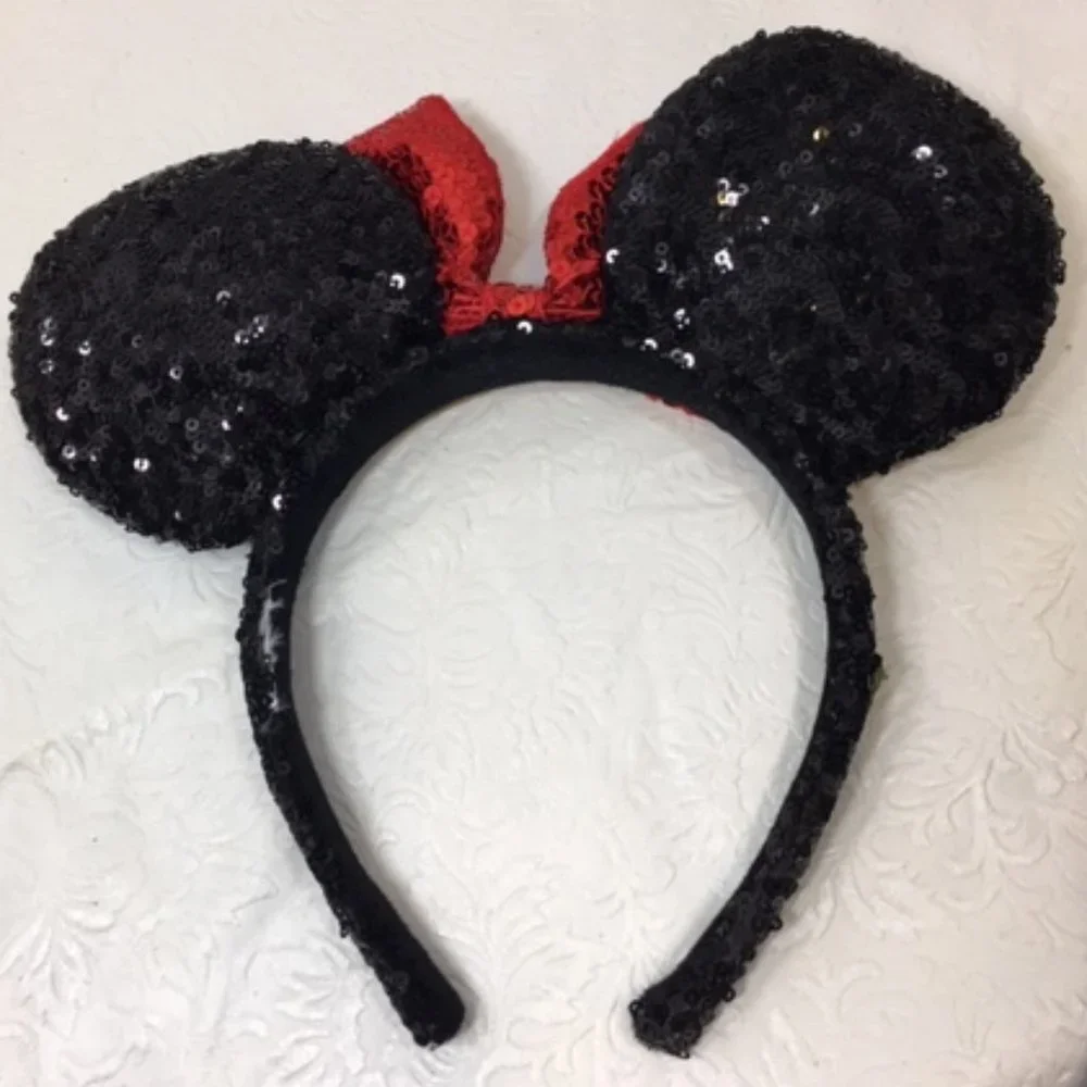 Minnie Mouse Ears Black w/Red Bow Sequins Headband